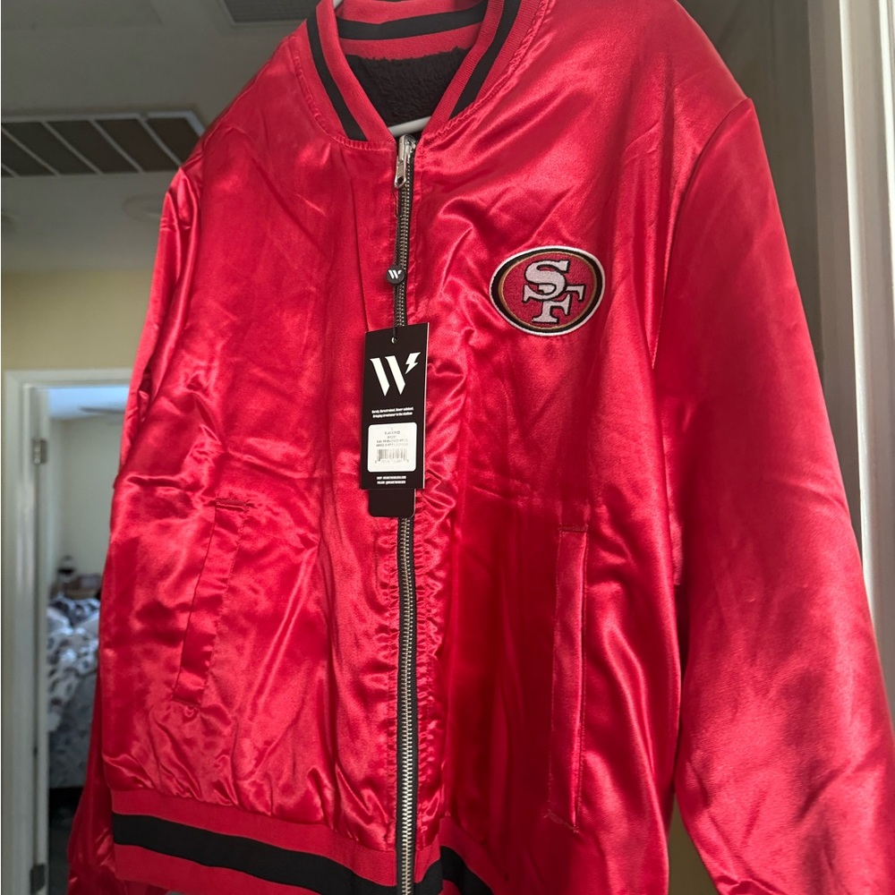 NWT San Francisco 49ers Red Satin Bomber Jacket reversible with SF Logo
